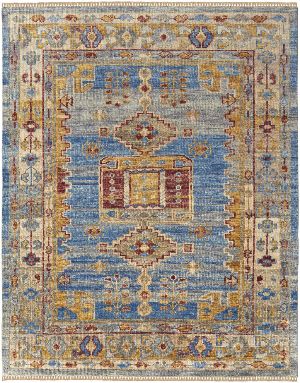 Stylish Stain-Resistant Hand-Knotted Wool Area Rug with Geometric Design and Fringe