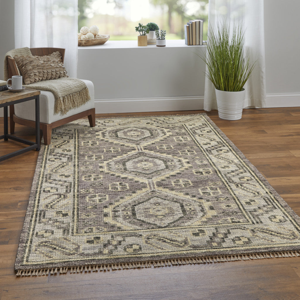 8-Foot Hand-Knotted Wool Runner Rug with Blue and Ivory Geometric Design and Fringe