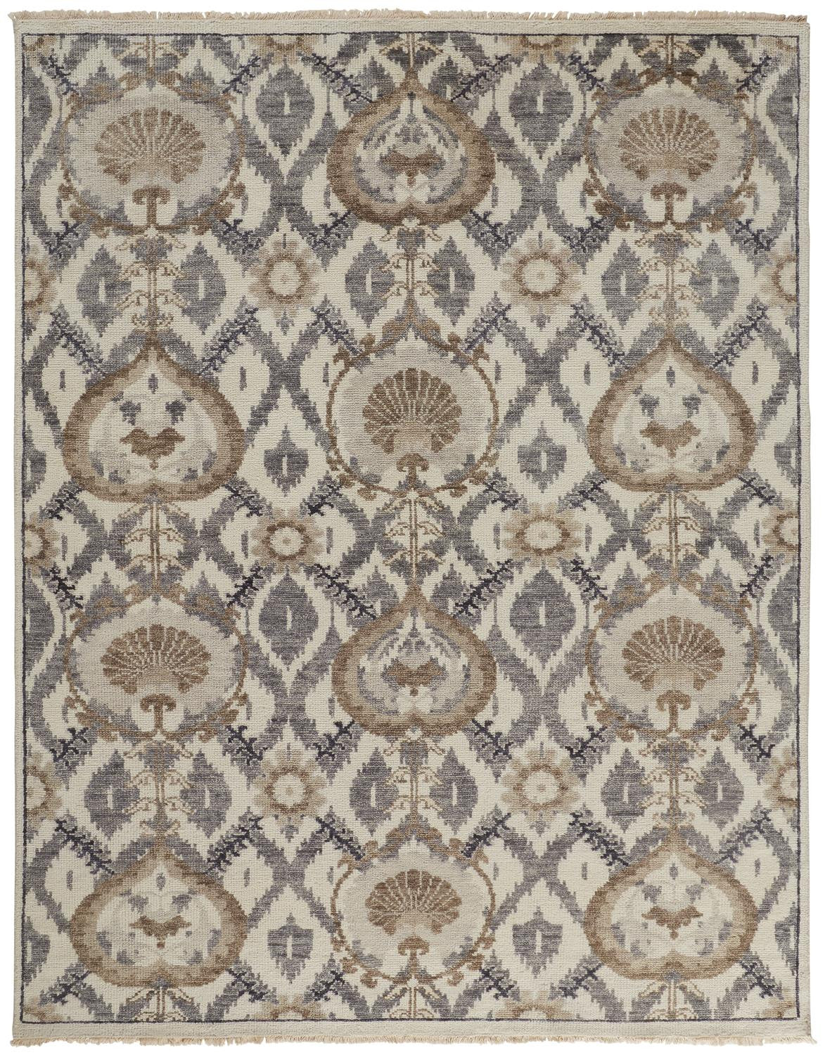 Stain-Resistant Hand-Knotted Wool Area Rug with Orange and Gray Floral Design