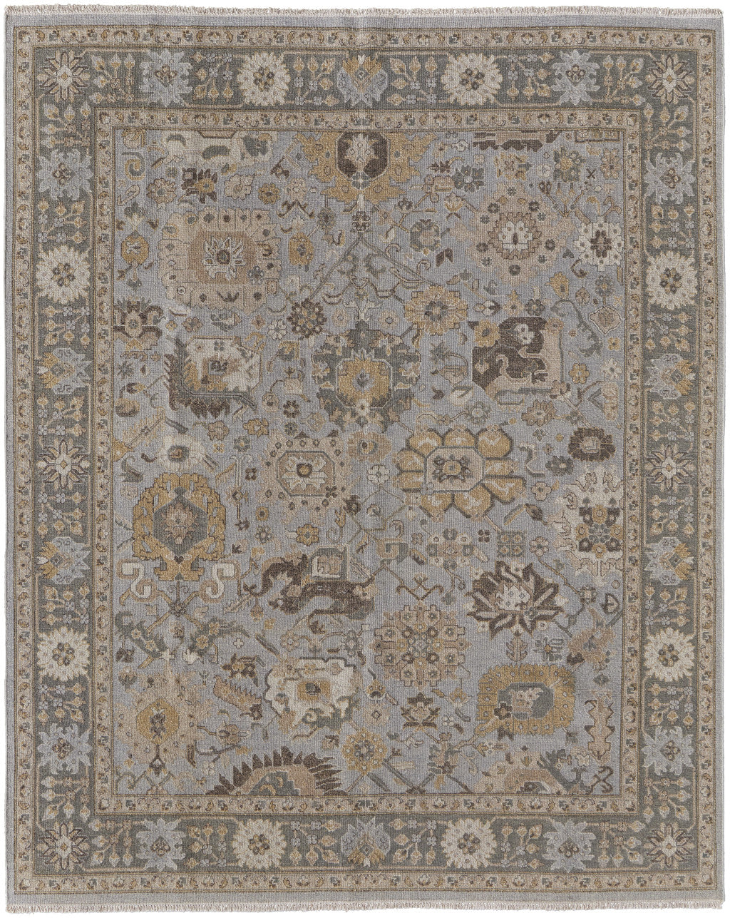 Exquisite Hand - Knotted Wool Oriental Area Rug with Graceful Gray and Brown Color Scheme and Timeless Fringe