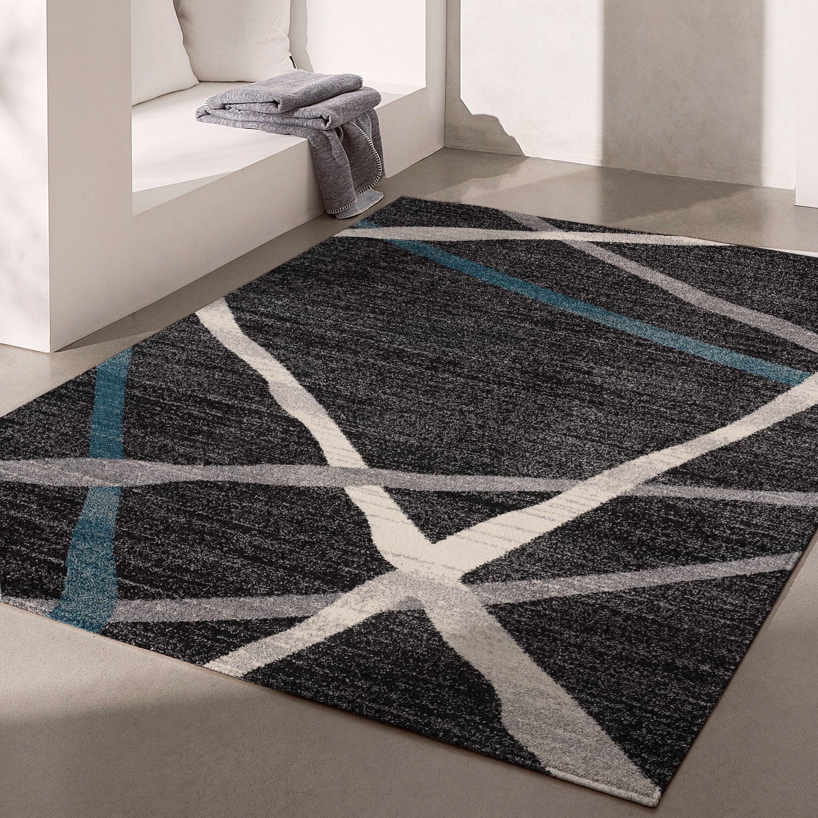 Distressed Black and Gray Abstract Polypropylene Area Rug - Luxurious, Durable, and Stylish for Contemporary Modern Homes
