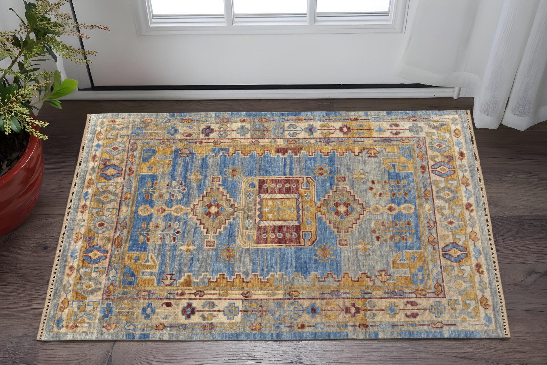 Stylish Stain-Resistant Hand-Knotted Wool Area Rug with Geometric Design and Fringe
