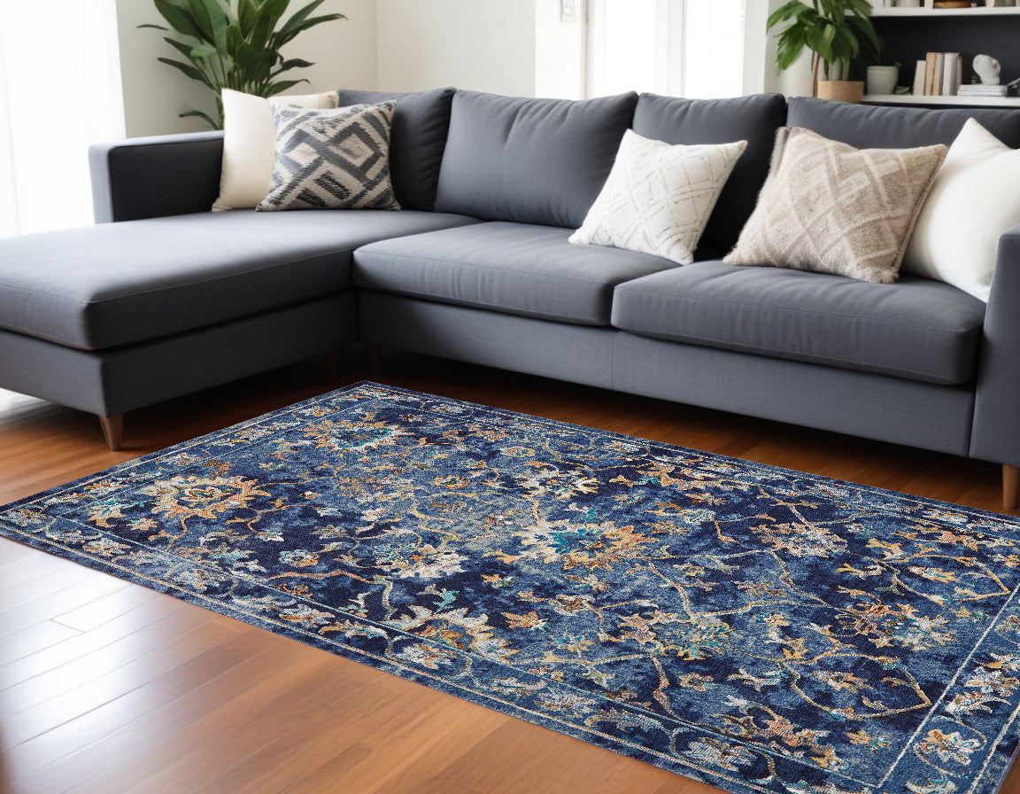 Luxurious Stain-Resistant Blue and Gold Jacobean Runner Rug with Soft Texture