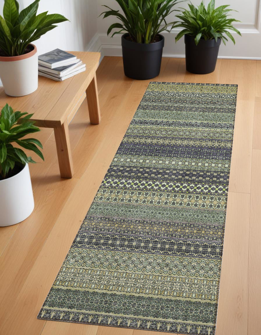 Artichoke Green Striped Indoor-Outdoor Runner Rug: Stain-Resistant, Washable & Stylish