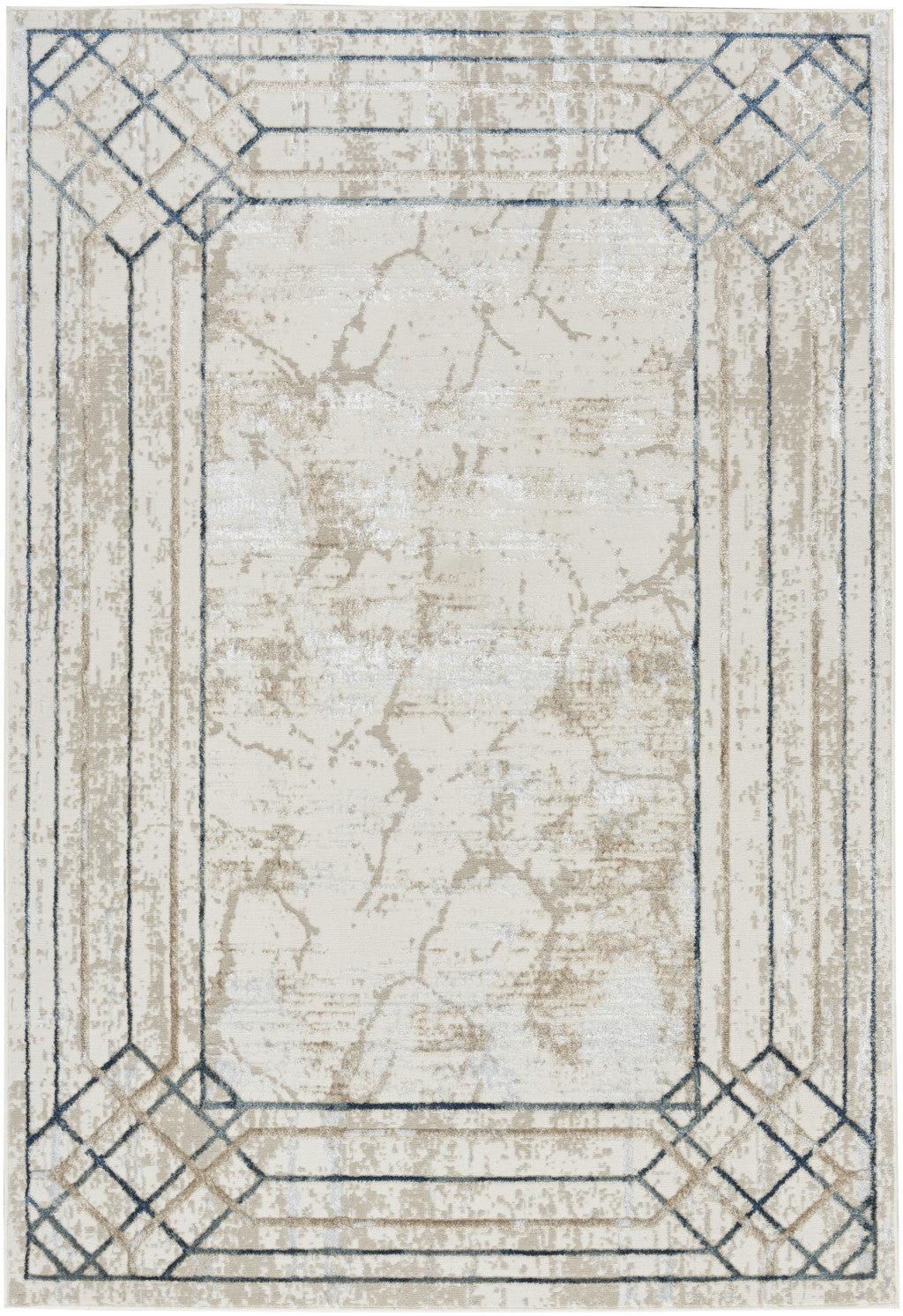 Stylish Modern 5-Foot by 7-Foot Stain-Resistant Area Rug in Ivory, Blue, and Gray Geometric Design for Home Use with Non-Skid Feature