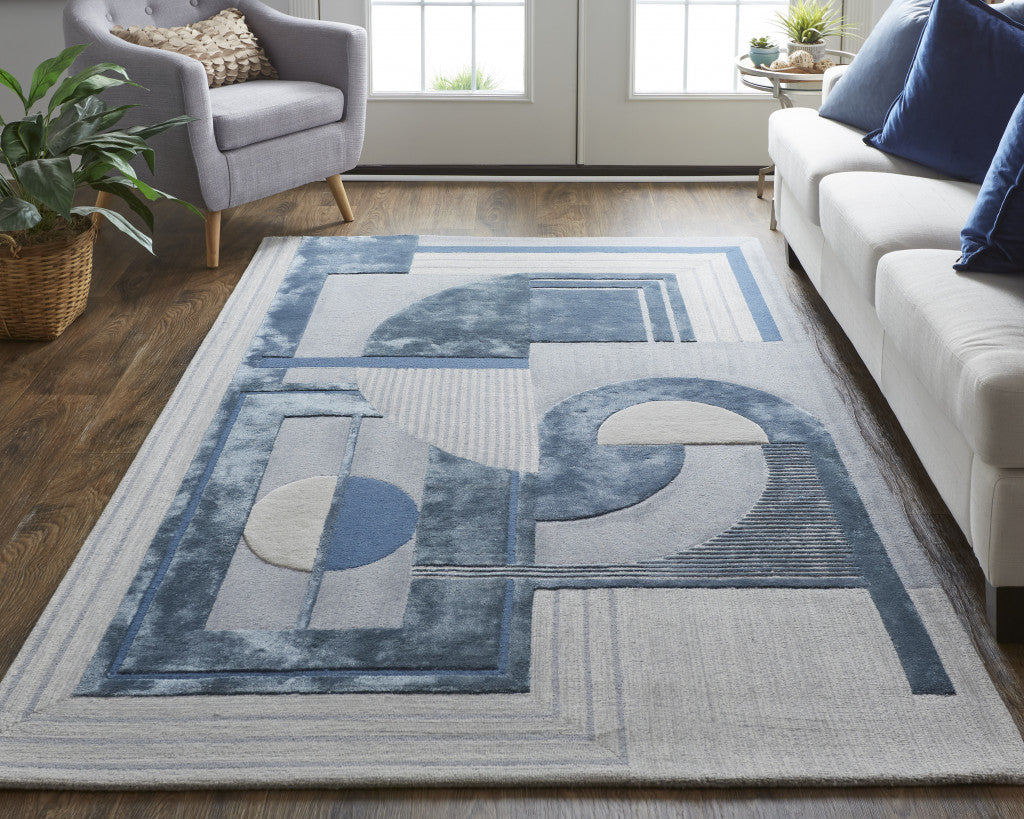 Exquisite Handmade Wool Striped Area Rug in Blue, Ivory, and Gray for Elegant Living Space Enhancement