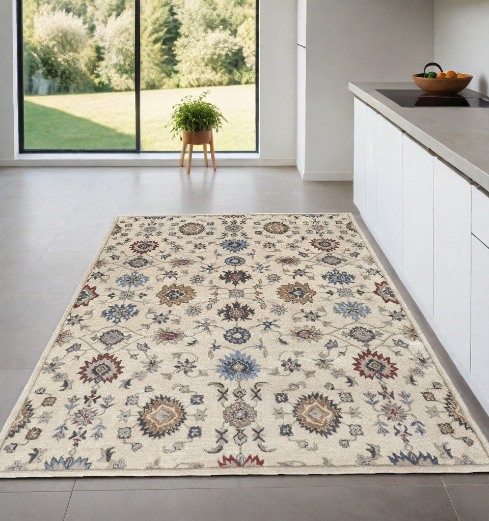 Ivory and Blue Floral Design Hand-Tufted Wool Area Rug - Stain Resistant, Perfect for Family Spaces with Kids and Pets
