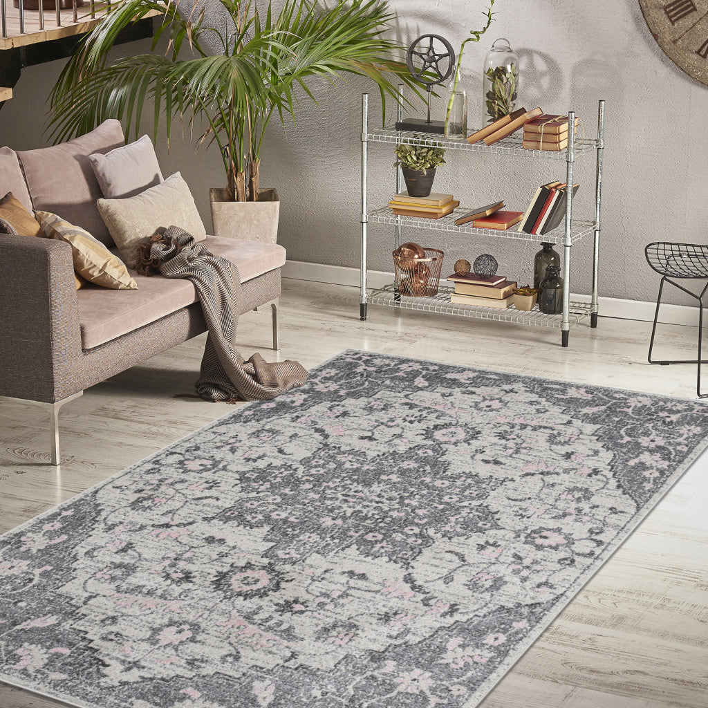 Stylish and Stain-Resistant Gray Medallion Power Loom Round Area Rug for Elegant Home Decor