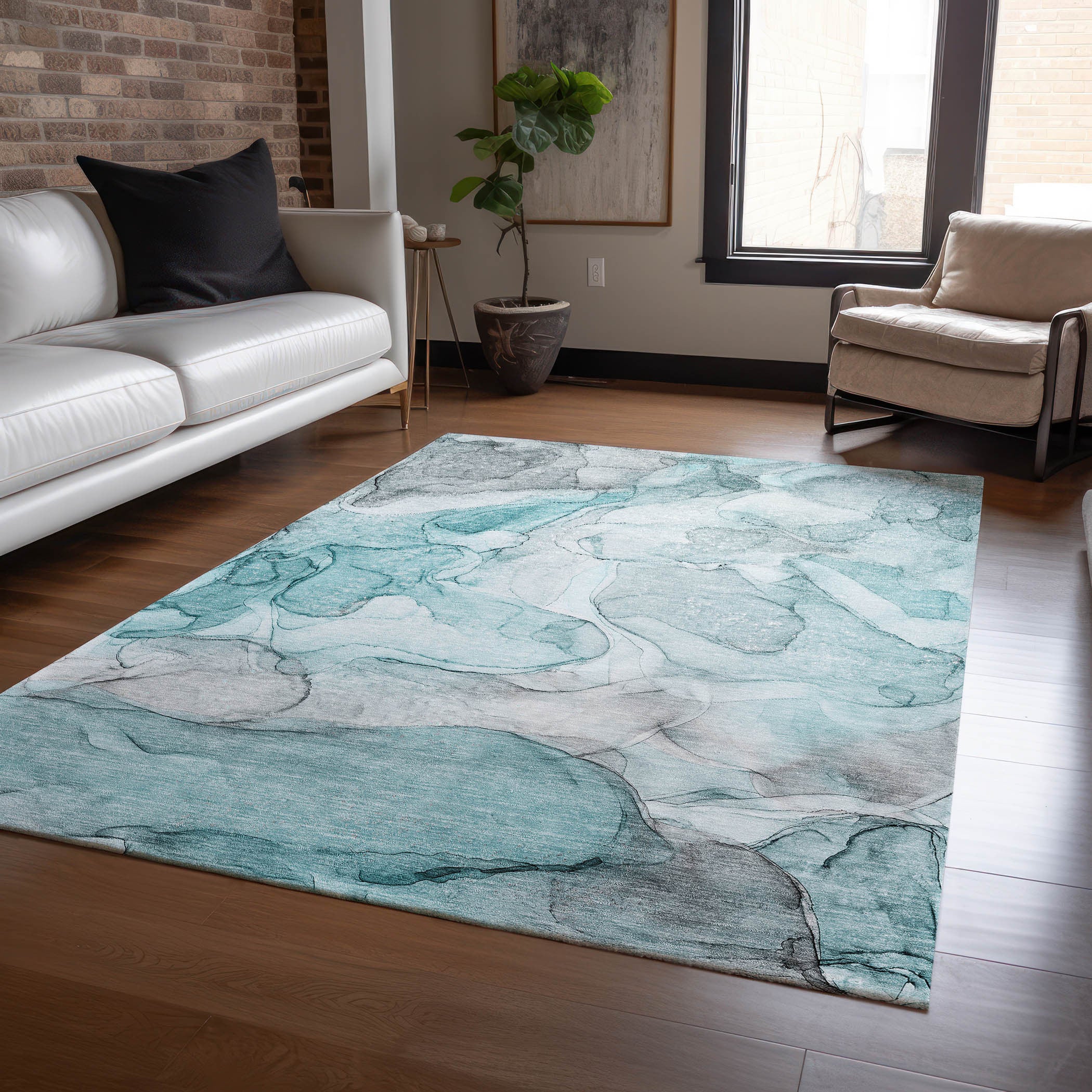 Beige Abstract Washable, Stain-Resistant & Non-Skid Indoor-Outdoor Runner Rug