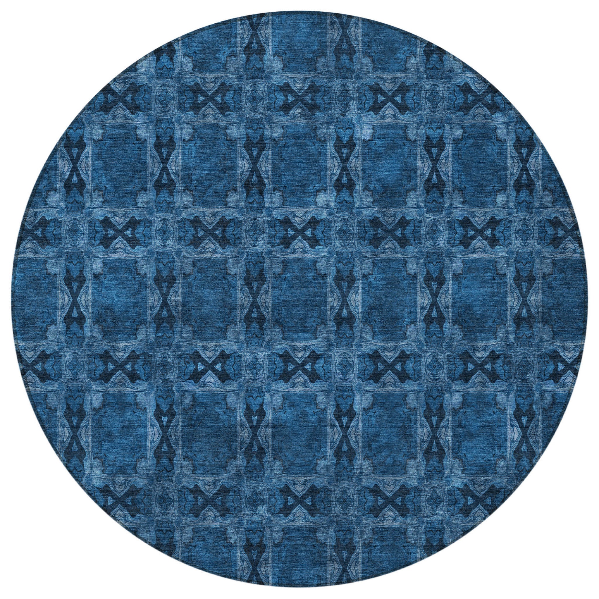 Stain-Resistant, Non-Skid Washable Teal Floral Medallion Round Runner Rug for Indoors & Outdoors