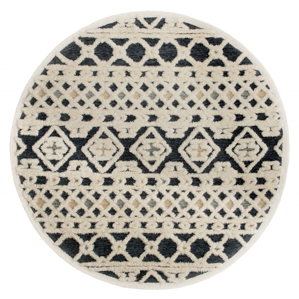 Exquisite Handmade Wool Bohemian Style Round Decorative Area Rug in Blue and Cream Tones for Elegant Interior Spaces