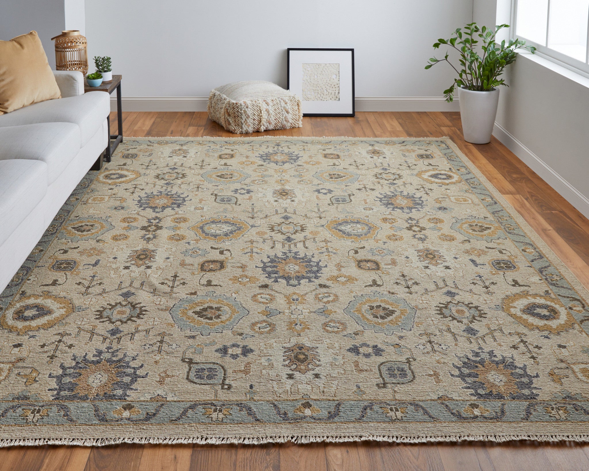 Exquisite Hand-Knotted Tan, Brown & Gray Oriental Area Rug with Fringe for a Timeless Look