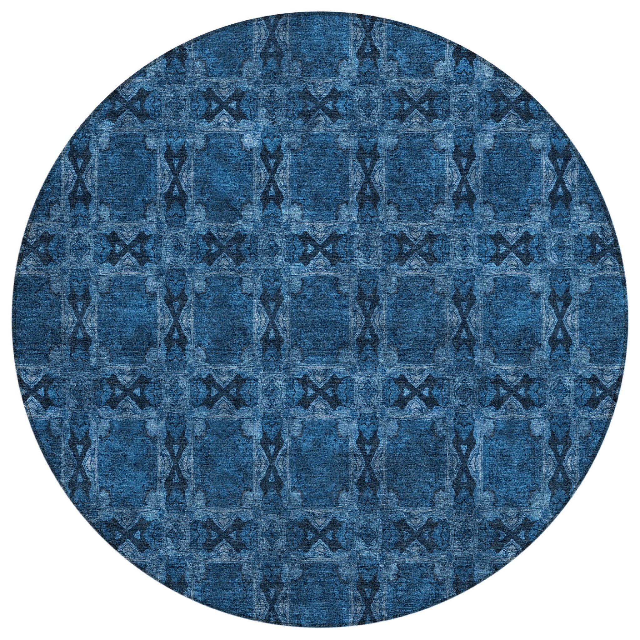 Stain-Resistant, Non-Skid Washable Teal Floral Medallion Round Runner Rug for Indoors & Outdoors
