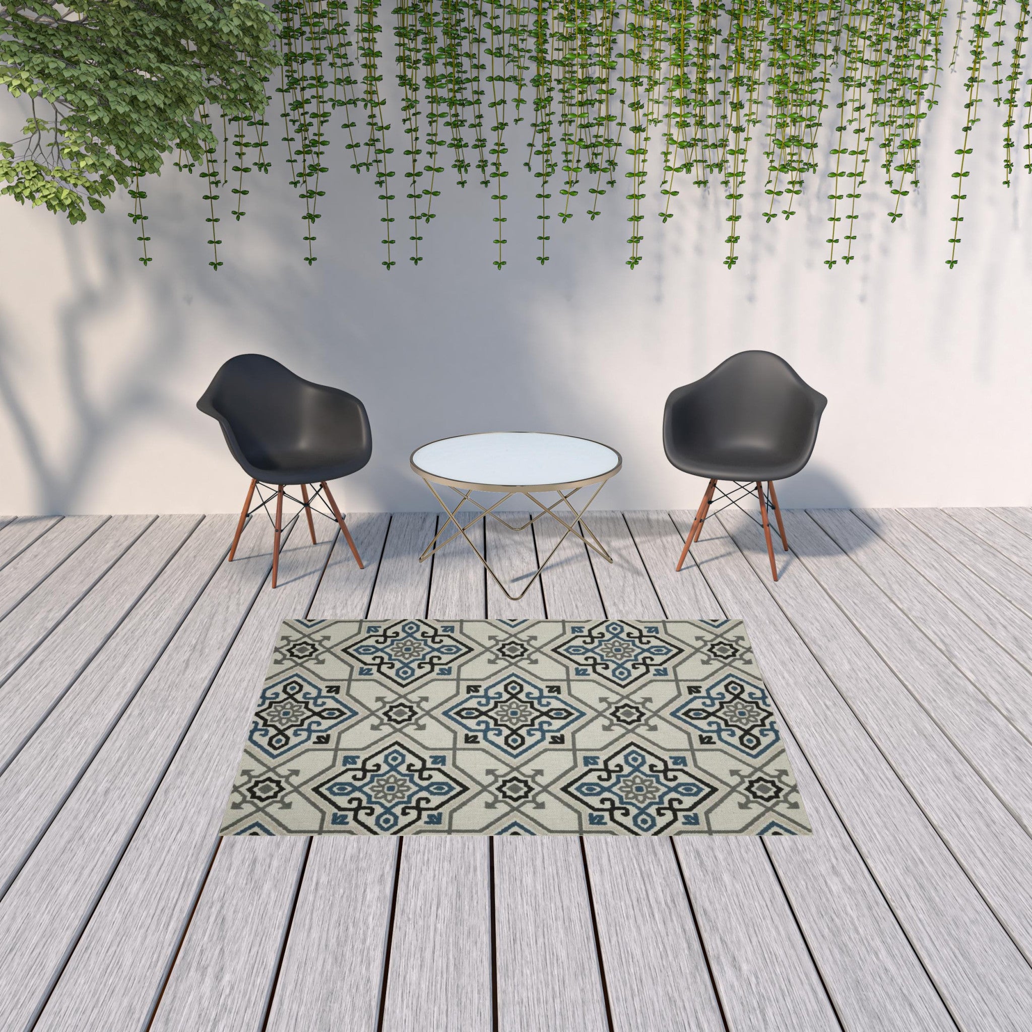 Elegant Blue and Beige Oriental Stain-Resistant Outdoor Area Rug for Home