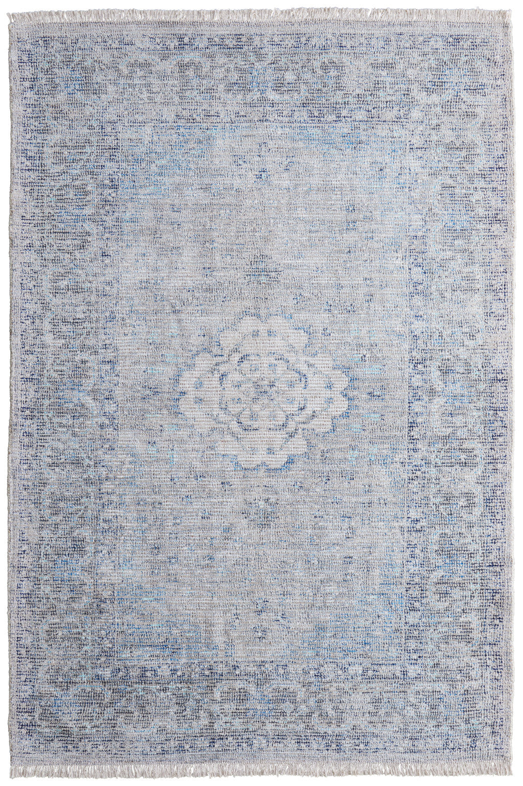 Exquisite Hand-Woven Distressed Oriental Area Rug in Blue and Ivory Shades with Stylish Fringe for Timeless Decor
