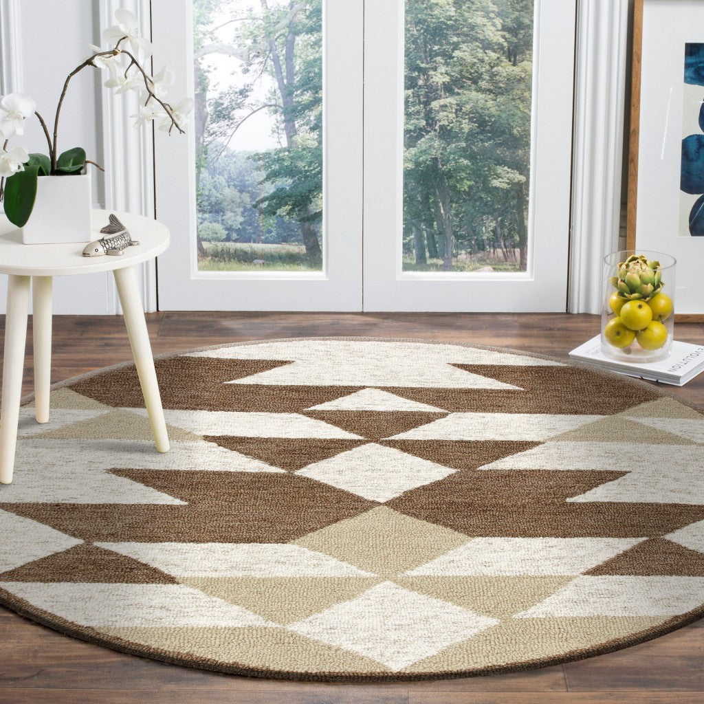 Durable Round Brown Bohemian Geometric Wool Area Rug for Modern & Classic Homes