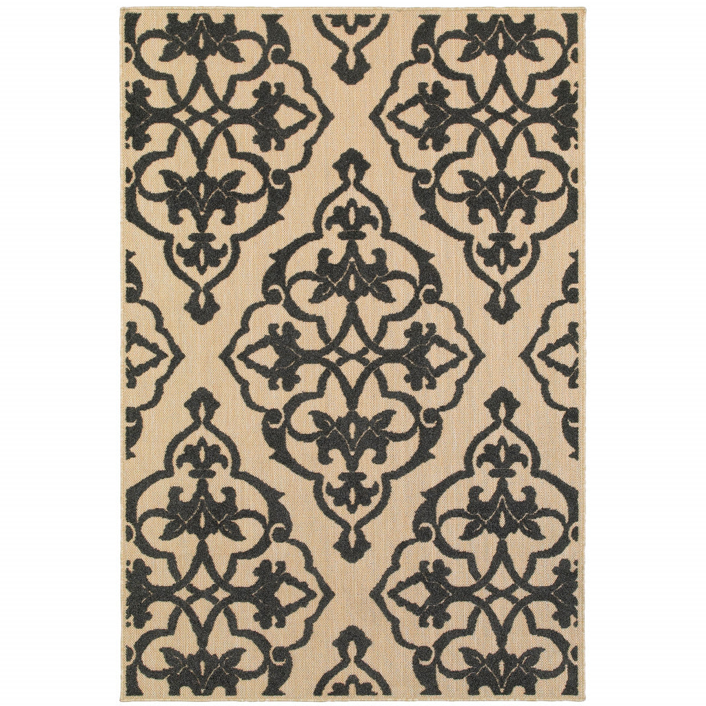 Stylish Stain-Resistant Beige and Black Medallion Outdoor Area Rug for Home Elegance