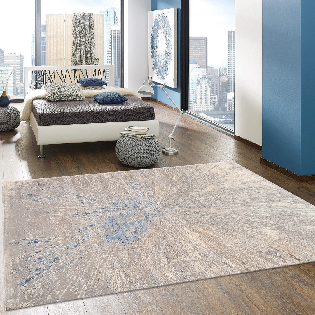 Exquisite Starburst Collection Power-Loomed Area Rug with a Striking Rectangular Design in Elegant Grey and Pure White