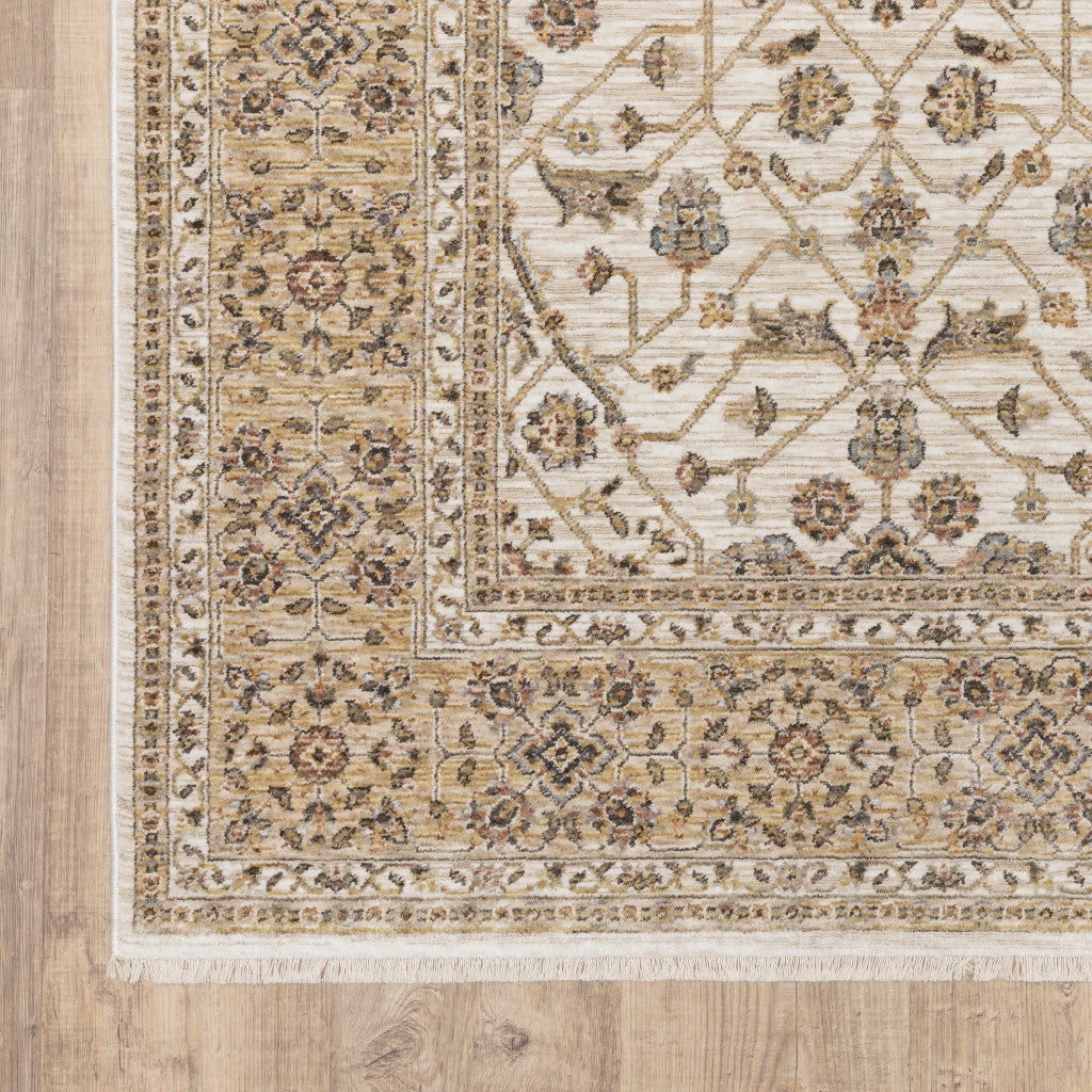 Stylish Stain-Resistant Gold and Ivory Oriental Fringed Runner Rug for Homes