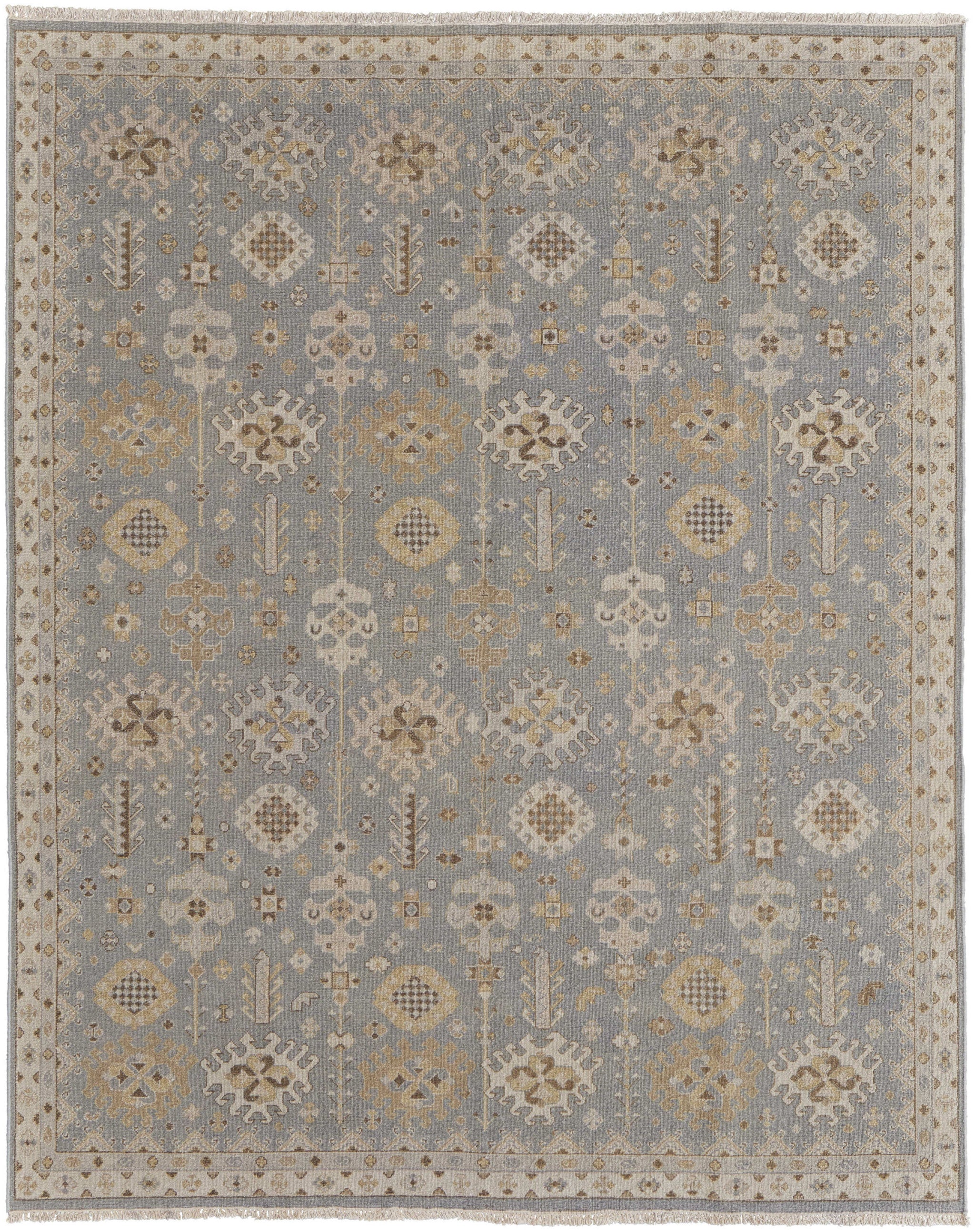 Exquisite Hand-Knotted Gray and Ivory Oriental Wool Area Rug with Fringe - Stain-Resistant and Timeless Decor Piece
