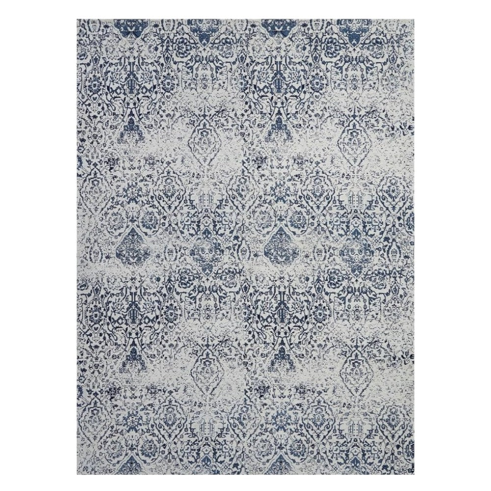 Durable, Stain-Resistant Navy Blue & Ivory Damask Distressed Area Rug for Homes