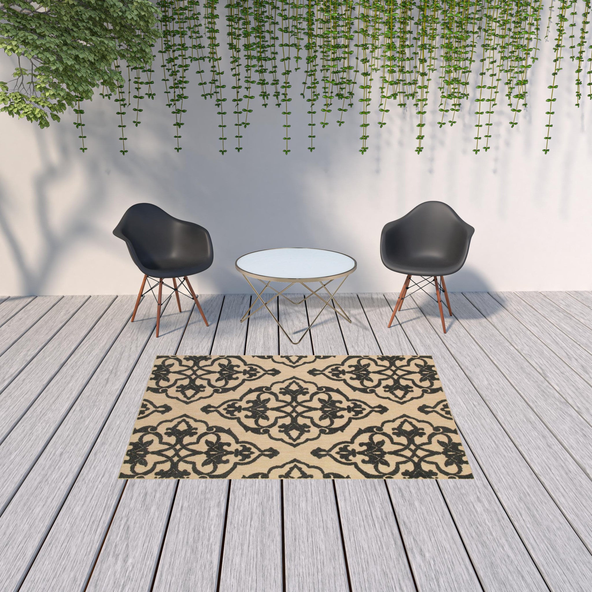 Stylish Stain-Resistant Beige and Black Medallion Outdoor Area Rug for Home Elegance