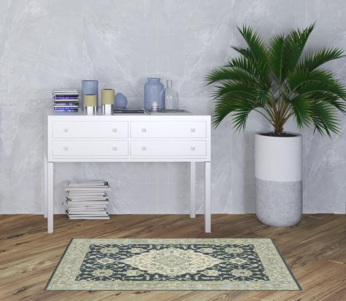 Stain-Resistant Polypropylene Area Rug with Teal Blue, Ivory, Green, and Grey Oriental Design for Family Homes with Kids and Pets