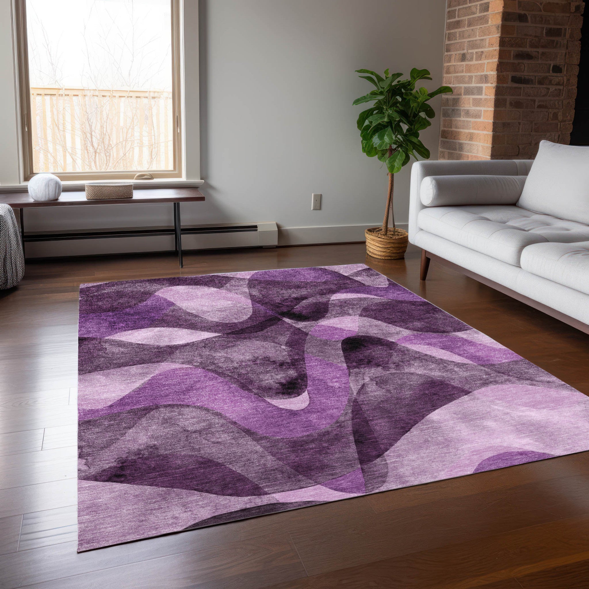 Modern Abstract Washable Non-Skid Purple Runner Rug for Indoor & Outdoor Use