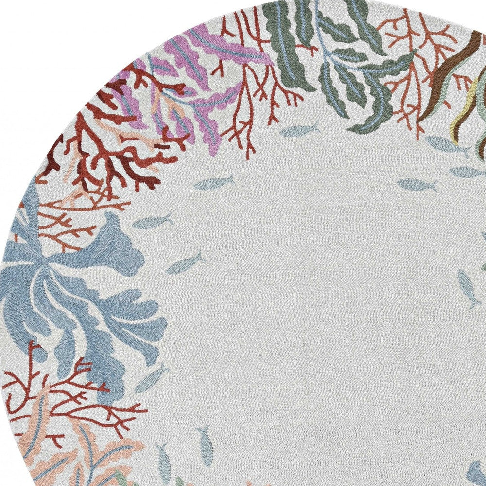 Exquisite Hand-Hooked Ivory Area Rug with Fish and Coral Design for Sophisticated Home Decor