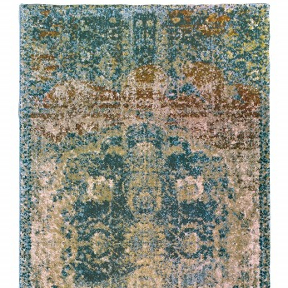 Vintage-Style Sand Gold and Nile Blue Distressed Medallion Indoor Runner Rug for Exquisite Vintage Decor Elegance