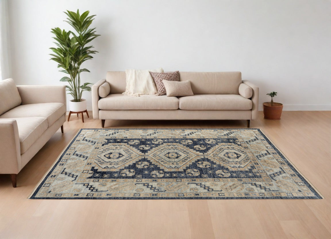 8-Foot Hand-Knotted Wool Runner Rug with Blue and Ivory Geometric Design and Fringe