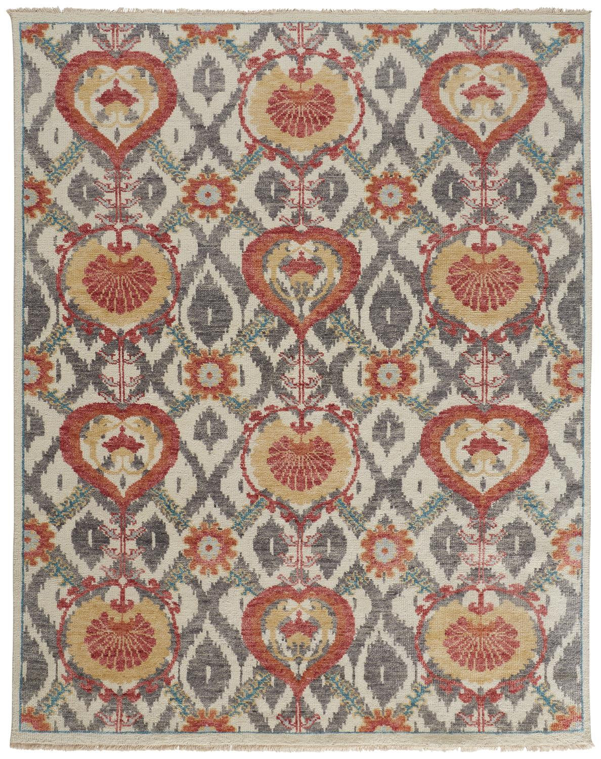Stain-Resistant Hand-Knotted Wool Area Rug with Orange and Gray Floral Design