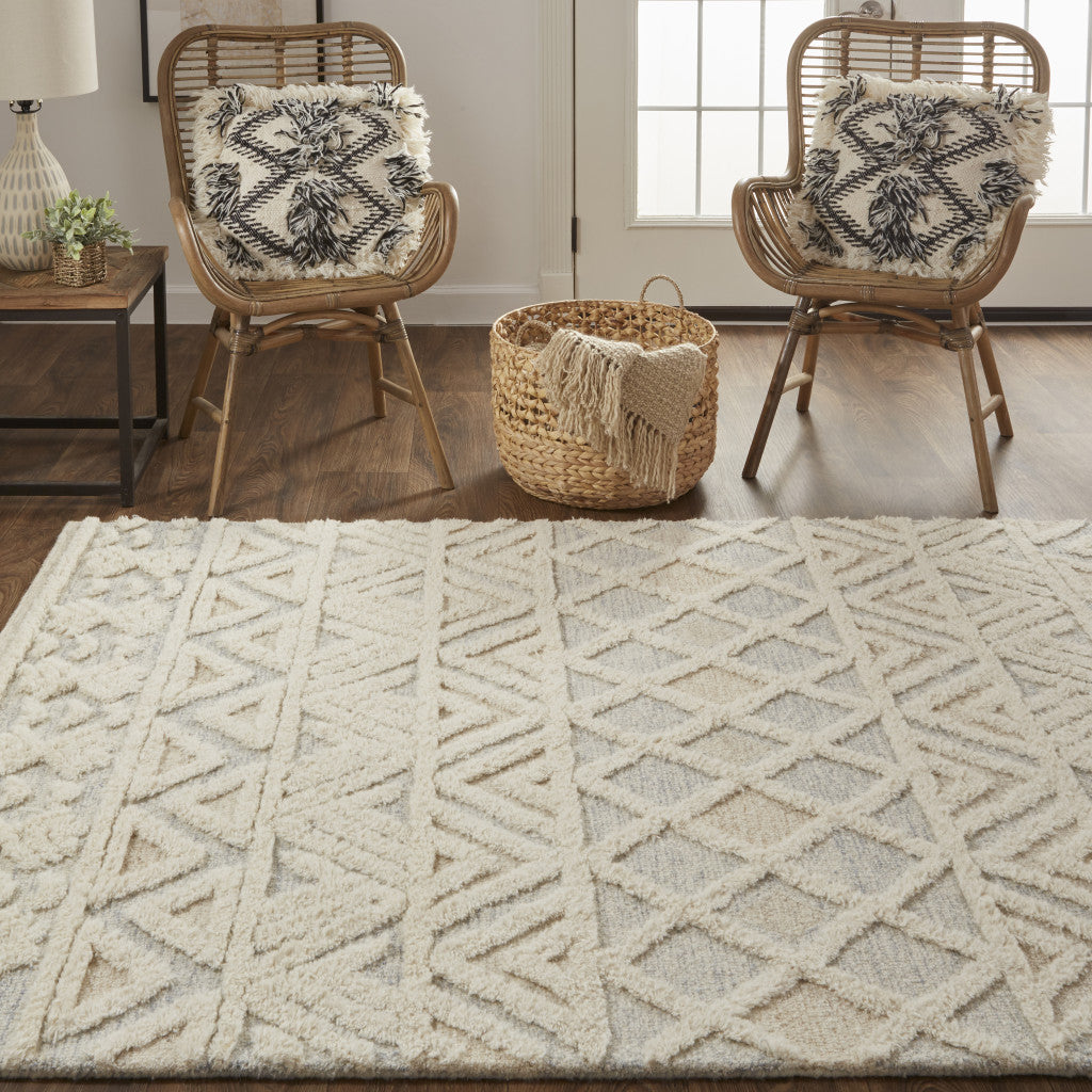 Ivory, Blue & Tan Handmade Geometric Stain-Resistant Area Rug for Stylish Interiors