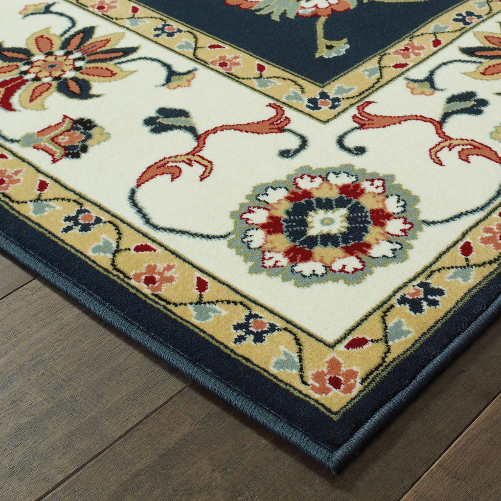 Stain-Resistant Navy and Ivory Oriental Style Runner Area Rug - Ideal for Family Homes with Kids and Pets