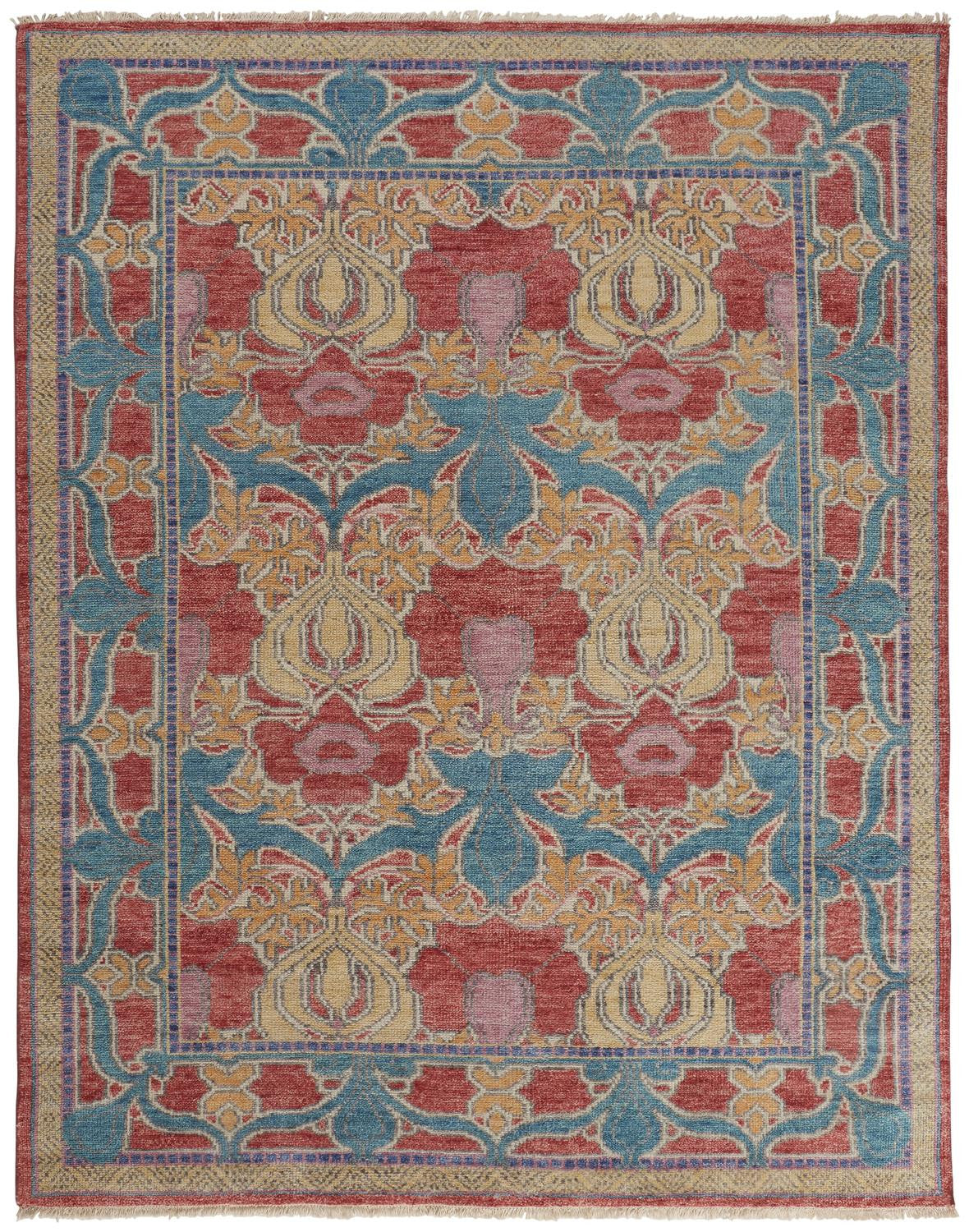 Stylish Hand-Knotted Red and Yellow Wool Oriental Area Rug for Chic Spaces