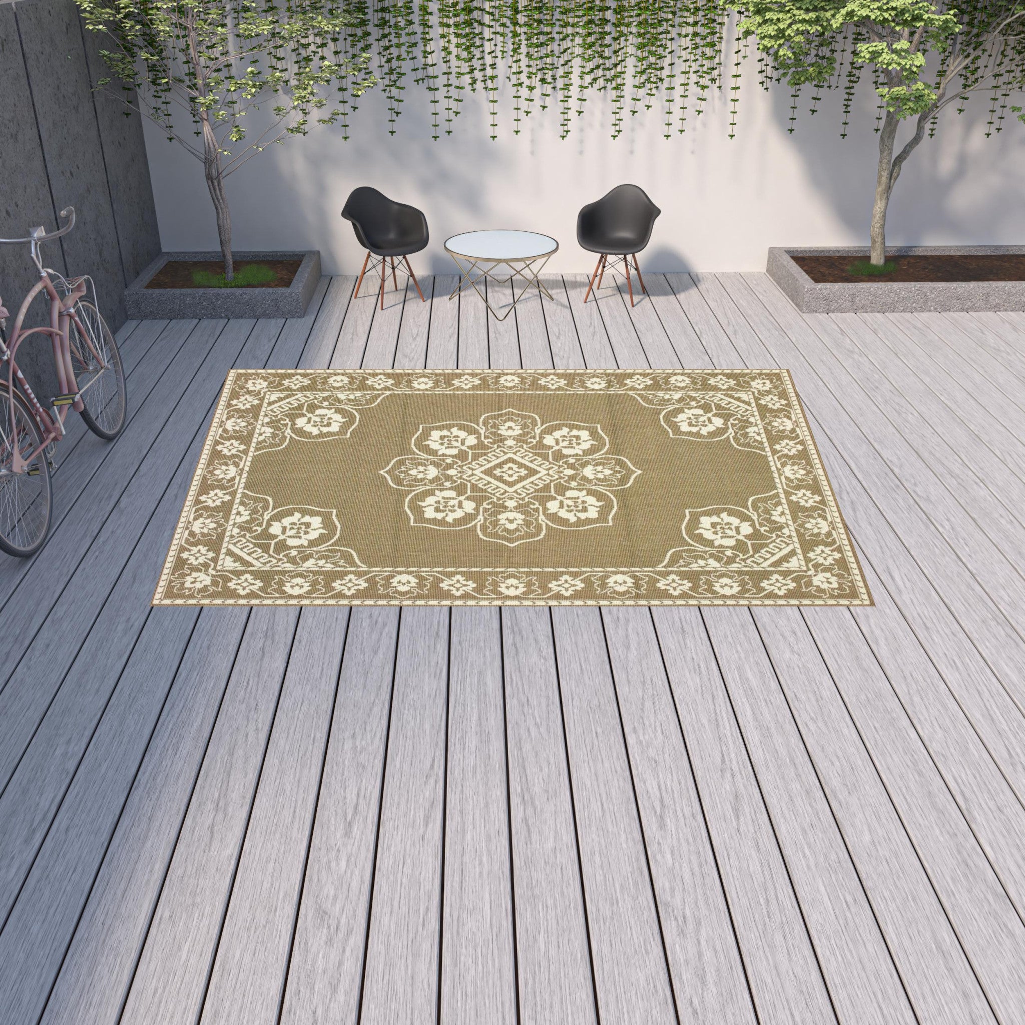 Stylish Gray and Ivory Oriental Stain-Resistant Indoor-Outdoor Area Rug