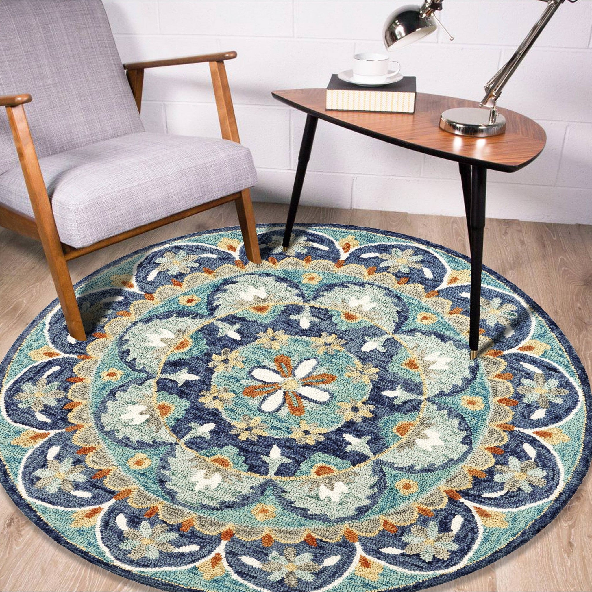 Exquisite Hand-Tufted Round Blue Floral Mandala Wool Area Rug - Soft Texture for Every Interior Space