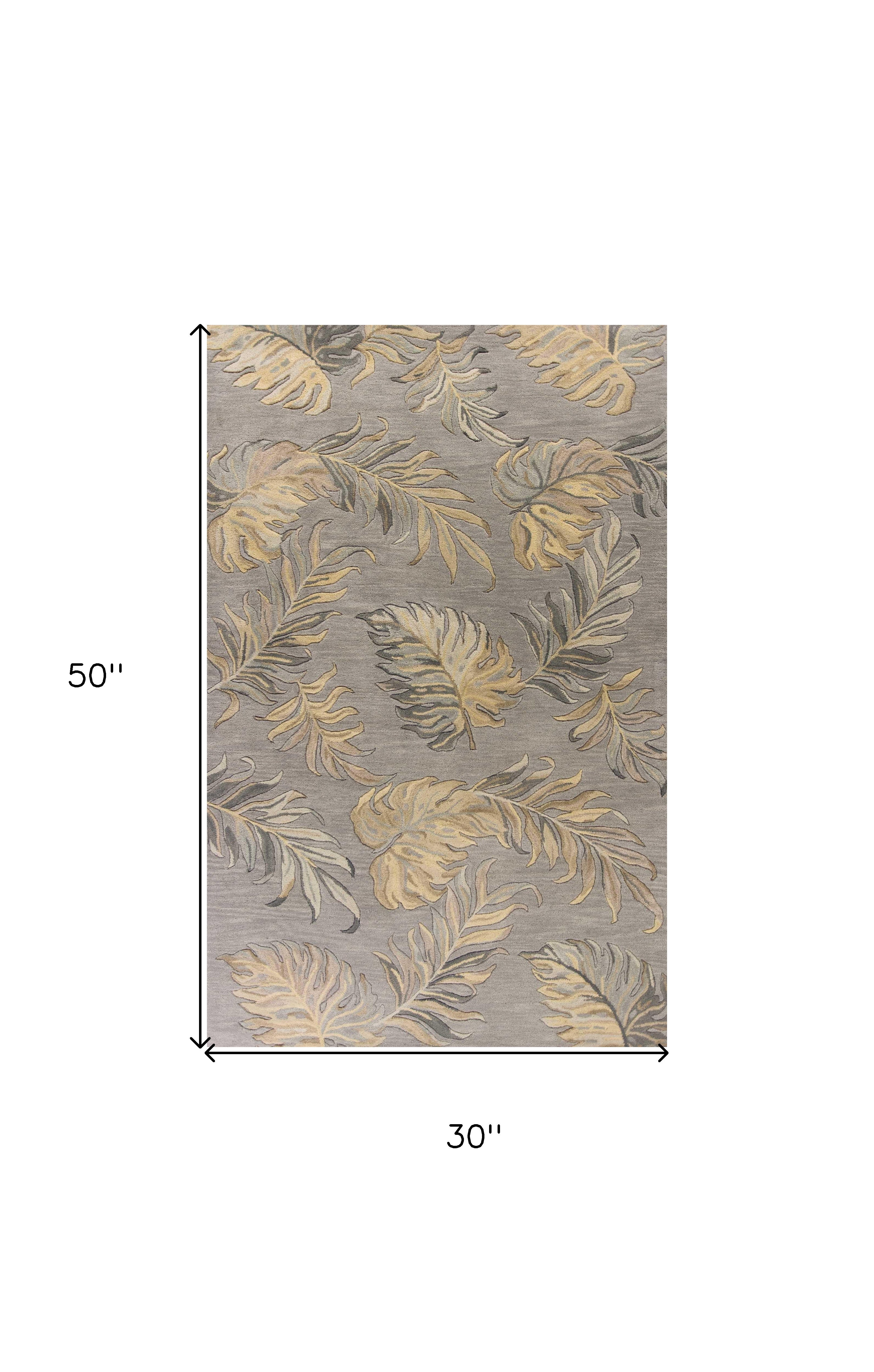 Modern Hand-Tufted Grey Wool Area Rug with Botanical Leaves Design for Homes