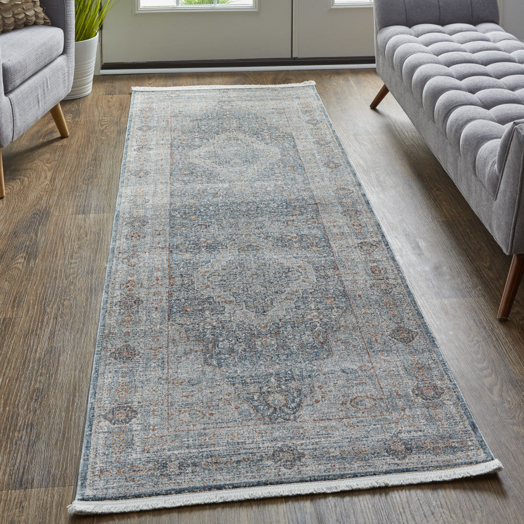 Exquisite Oriental Style Area Runner Rug with Worn and Faded Pattern, Fringed and Stain-Resistant for Family Living Spaces