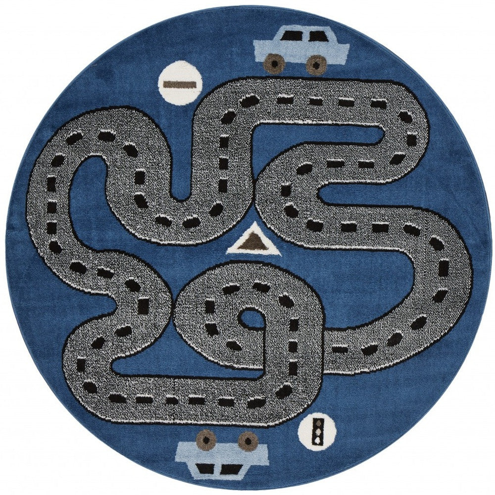 Colorful Playful Round Navy Blue Racetrack Area Rug for Kids' Rooms