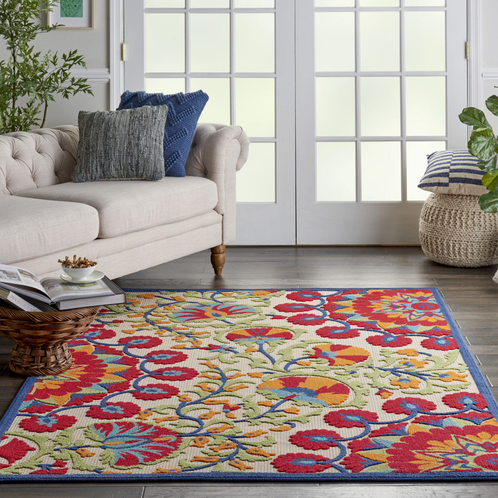 High - Quality Outdoor and Indoor Elegant Red and Ivory Floral Area Rug for Stylish Space Enhancement
