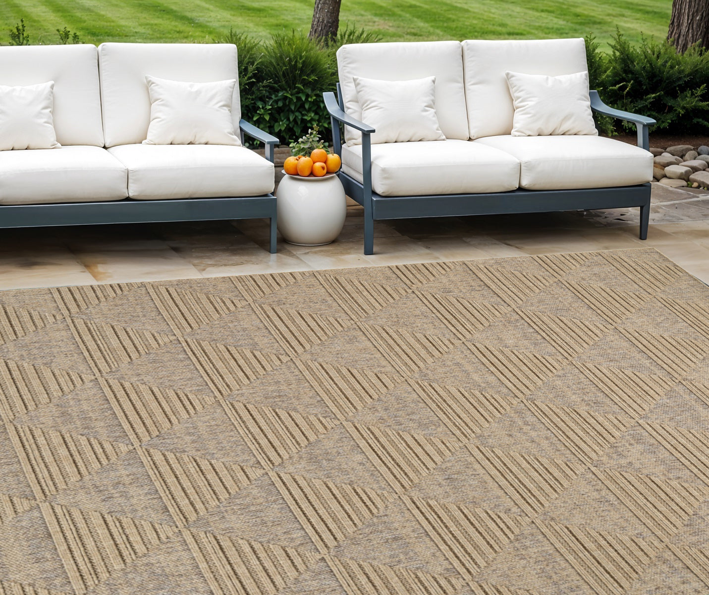 Stylish and Durable 8-Foot by 11-Foot Beige and Brown Geometric Indoor/Outdoor Area Rug with Stain-Resistant Design