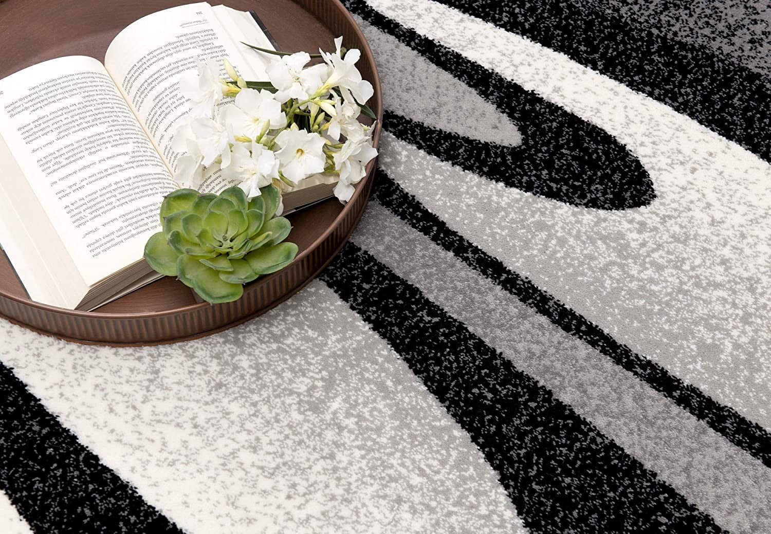 Stylish Stain-Resistant Power Loom Runner Rug in Black, Gray & White Marble Design