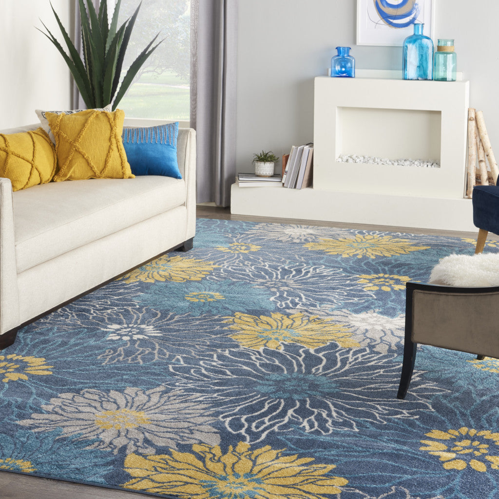 Gorgeous 9' x 12' Navy Blue Floral Power - Loomed Area Rug for Elegant and Cozy Homes
