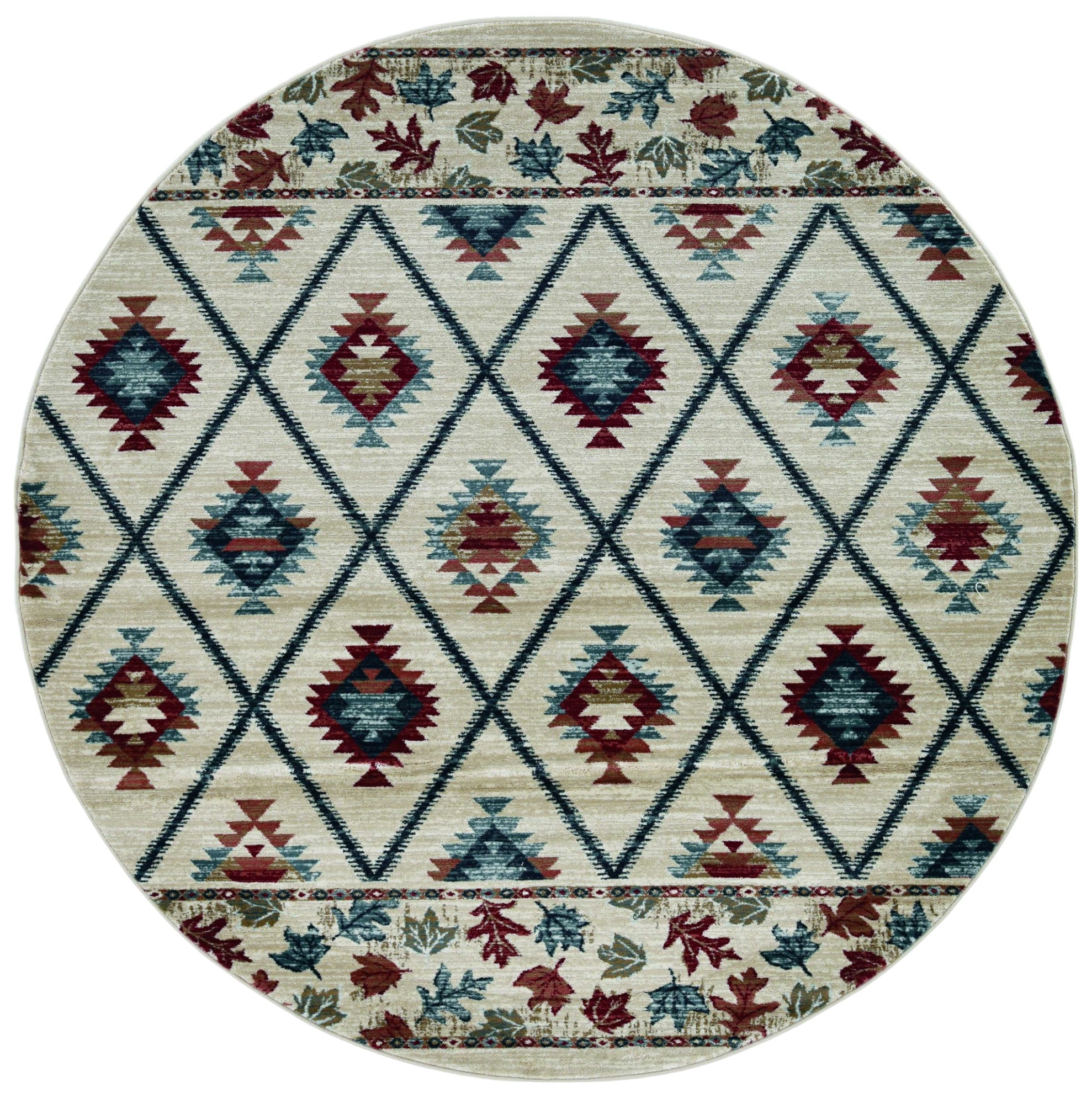 Ivory Round Geometric Lodge Area Rug - Ideal for Cozy Indoor Decor