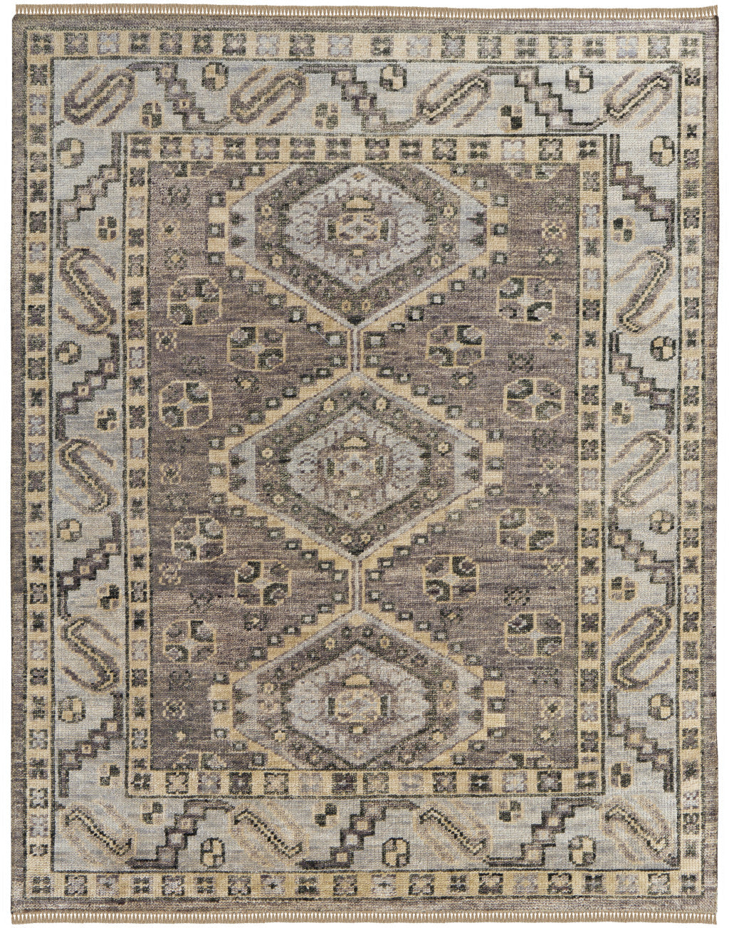 8-Foot Hand-Knotted Wool Runner Rug with Blue and Ivory Geometric Design and Fringe