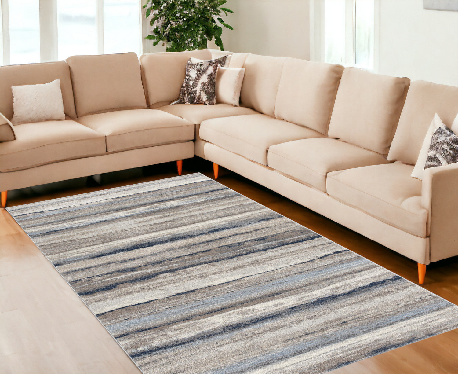 Blue and Beige Distressed Design Stain-Resistant Striped Runner Rug Ideal for Kids and Pets, Measuring 10ft