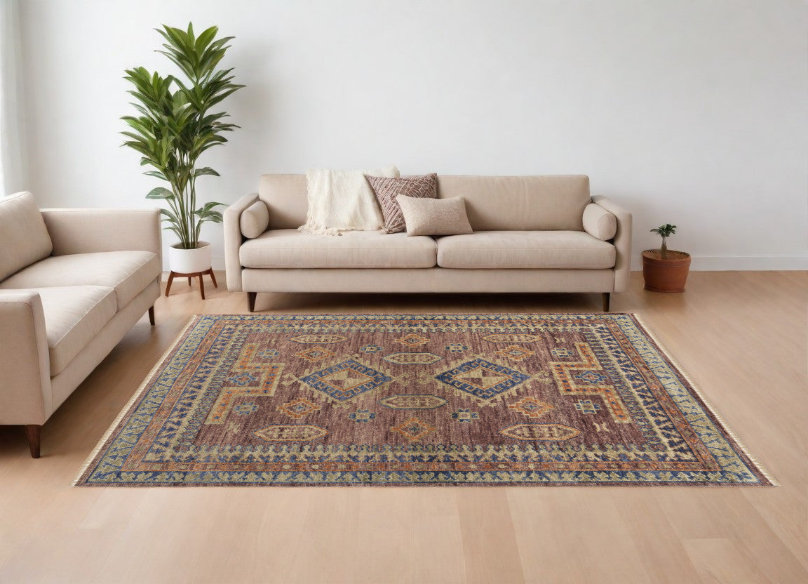 Stylish Hand-Knotted Wool Area Rug with Geometric Pattern, Stain-Resistant Tassel Ends