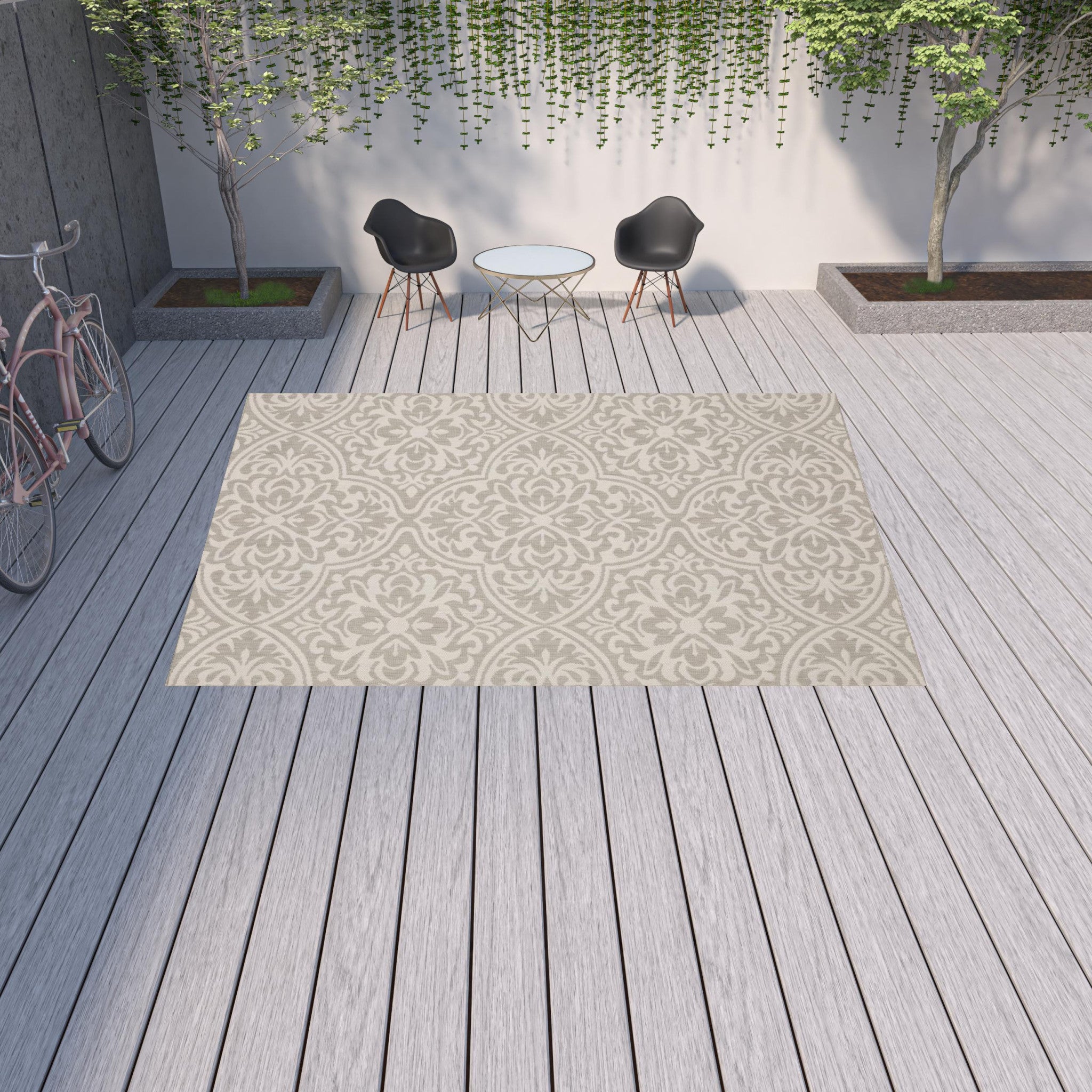Elegant Indoor and Outdoor Area Rug with Gray and Ivory Floral Design - Stain Resistant for All Spaces