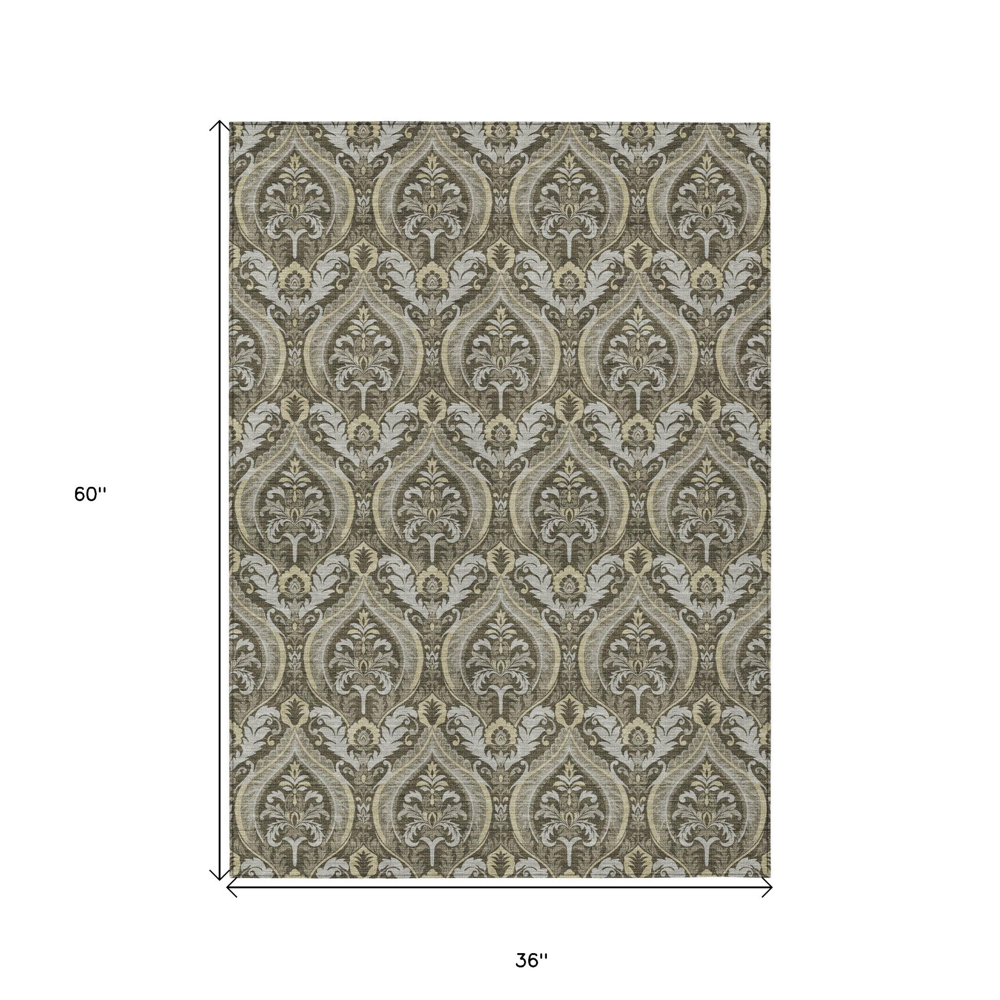 Stylish Washable and Stain - Resistant Non - Skid Damask Design Indoor Outdoor Runner Rug Measuring 27 Inches by 90 Inches